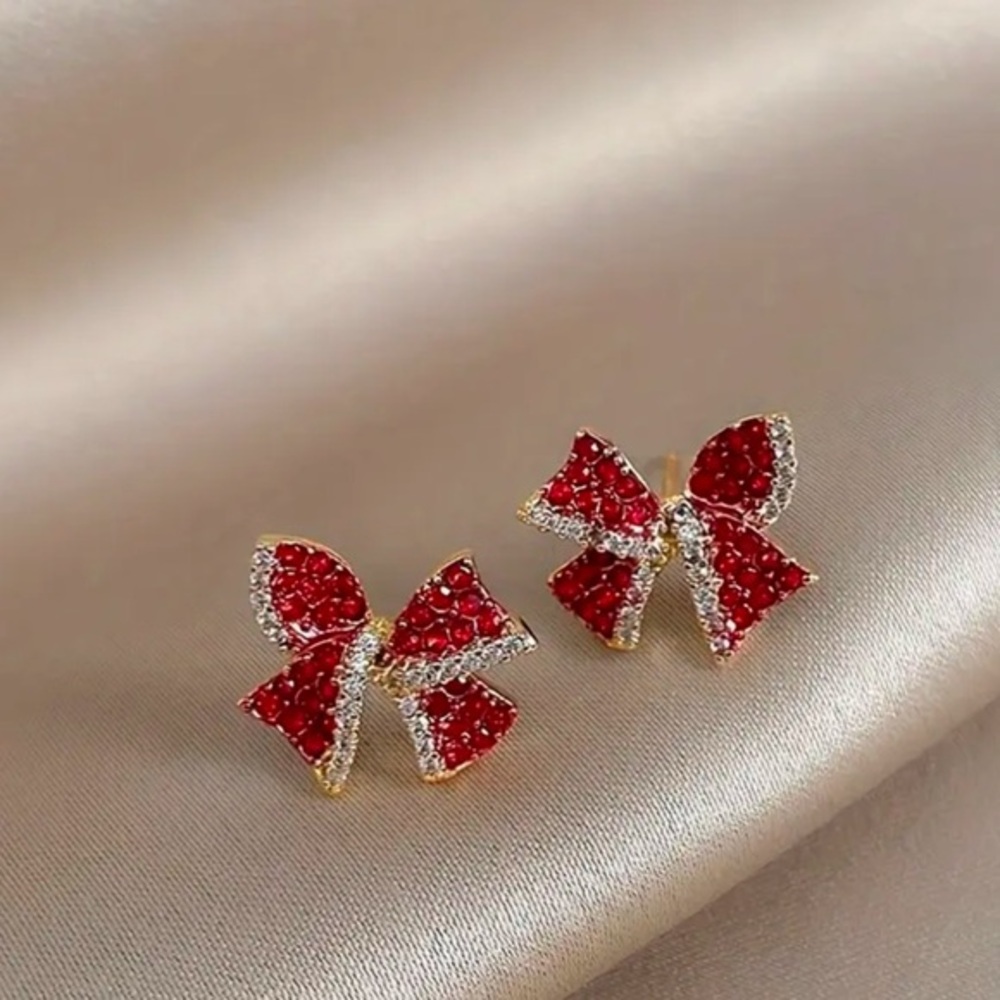 Red Garnet Bow Stud Earrings Simulated Gemstone 14K Gold Plated NWT